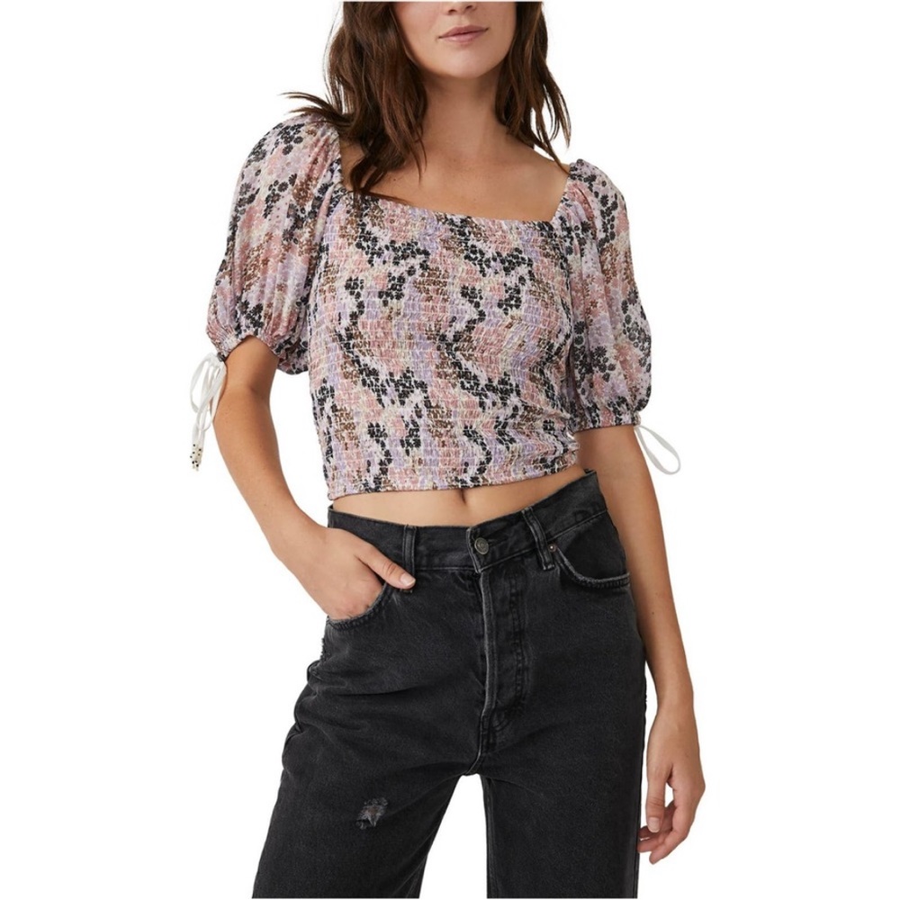 Free People Smocked Square Neck Crop Top in Pastel Floral Print - Picture 14 of 15